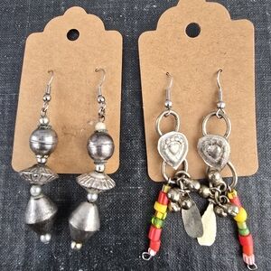 Two Pair Silver Beaded Boho Drop Earrings